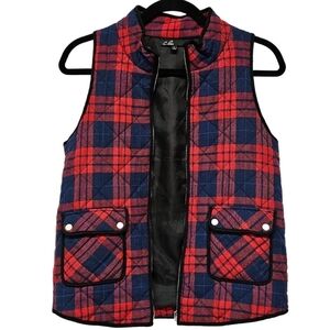 C Luce Flannel Quilted Tartan Plaid Vest, zip up, navy, red, black